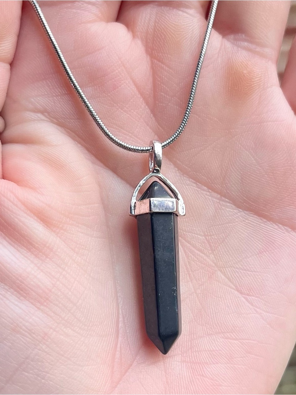 Black Shungite point Stone Pendant Necklace witchy stainless steel chain